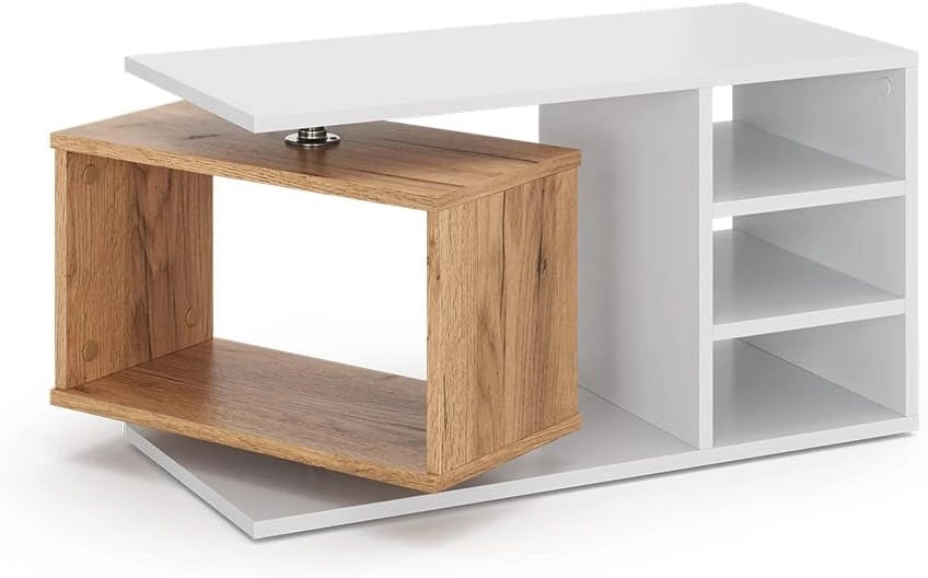 Tavolino da salotto Rafi, Bianco, 88 x 35 cm, con ripiano girevole e superfici di appoggio aperte