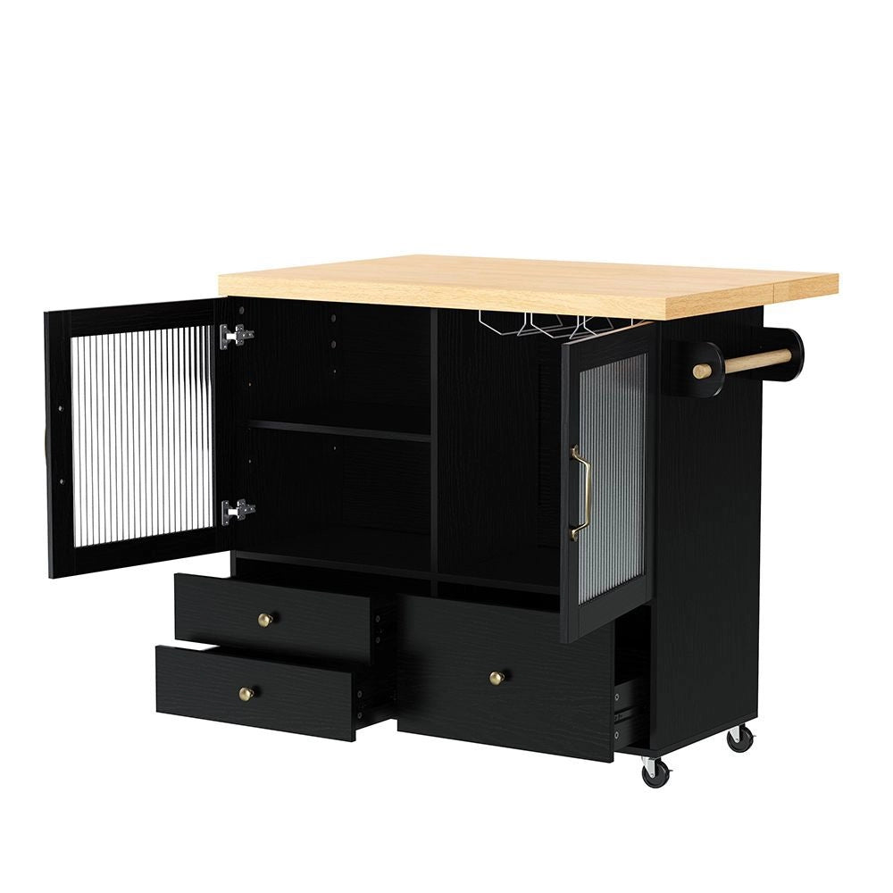 Isola da cucina mobile - Xylo - con ruote e tavolo allungabile, porta bicchieri e spazio di stoccaggio, nero
