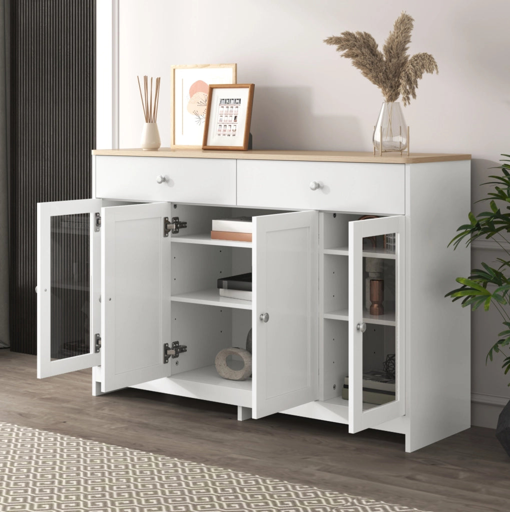 Credenza 120x37x80 cm con 4 ante; 2 cassetti e ripiani regolabili; MDF bianco