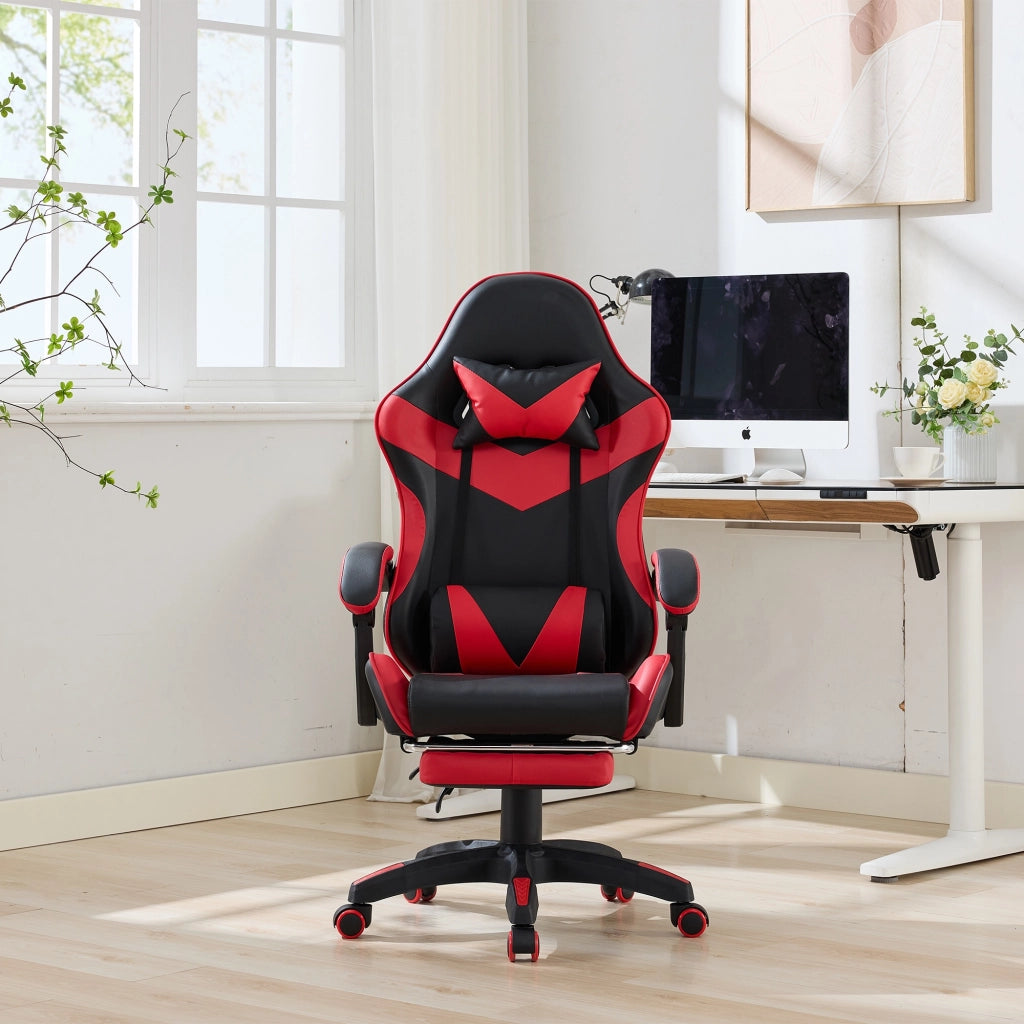 Sedia Gaming Ergonomica Girevole ¨C MINIMAL ¨C Ecopelle Nero e Rosso, Poggiatesta, Schienale Alto