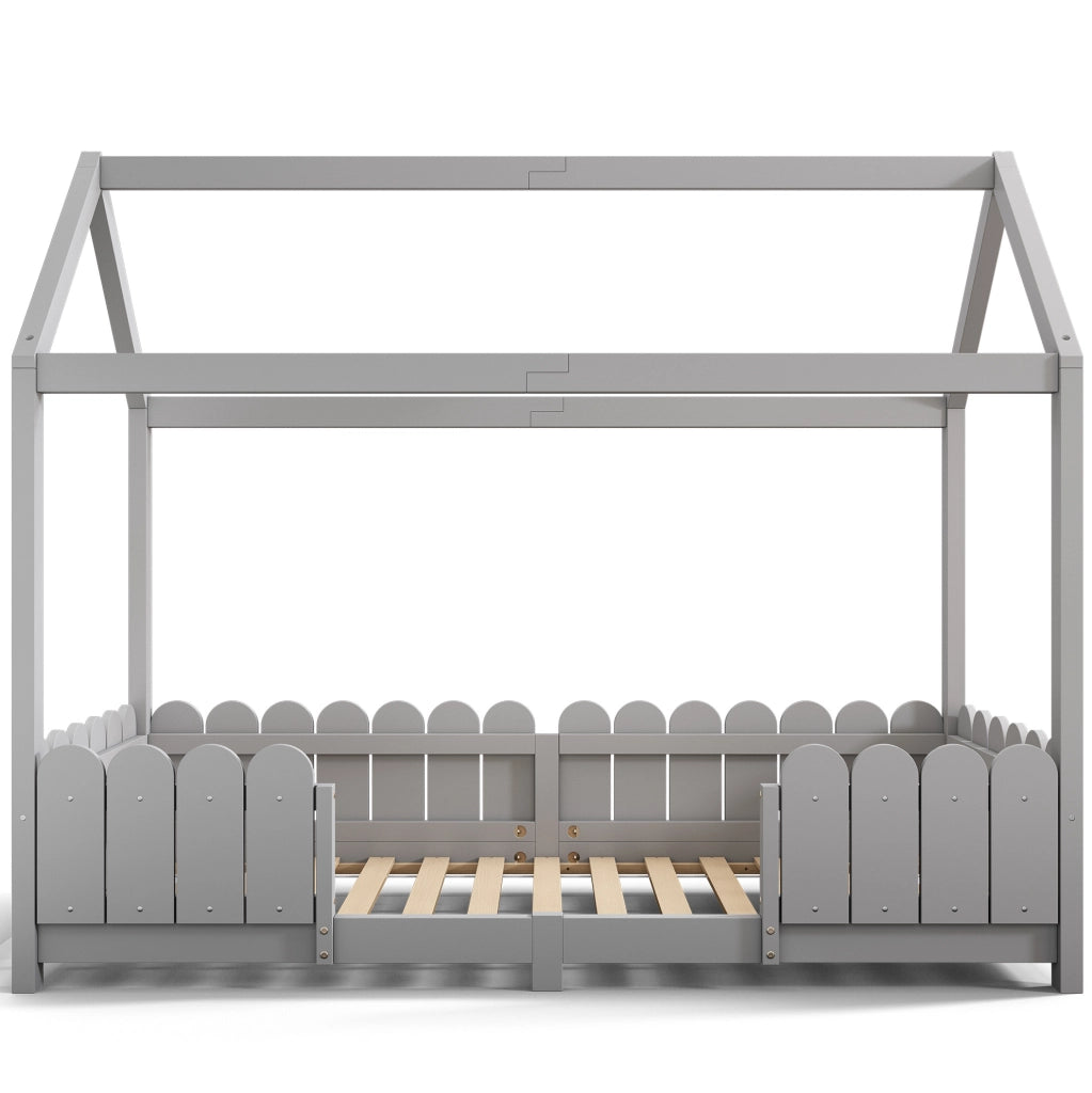 Letto a casetta per bambini 90x200 cm con barriera anticaduta e rete a doghe; in legno grigio