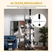 Tiragraffi per Gatti a Soffitto Multilivello con Altezza Regolabile 240-260 cm, con Cucce e Scale, Grigio