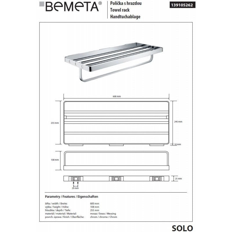 Mensola, portasciugamani SOLO in ottone cromato 60 x10,8 x25,5 cm
