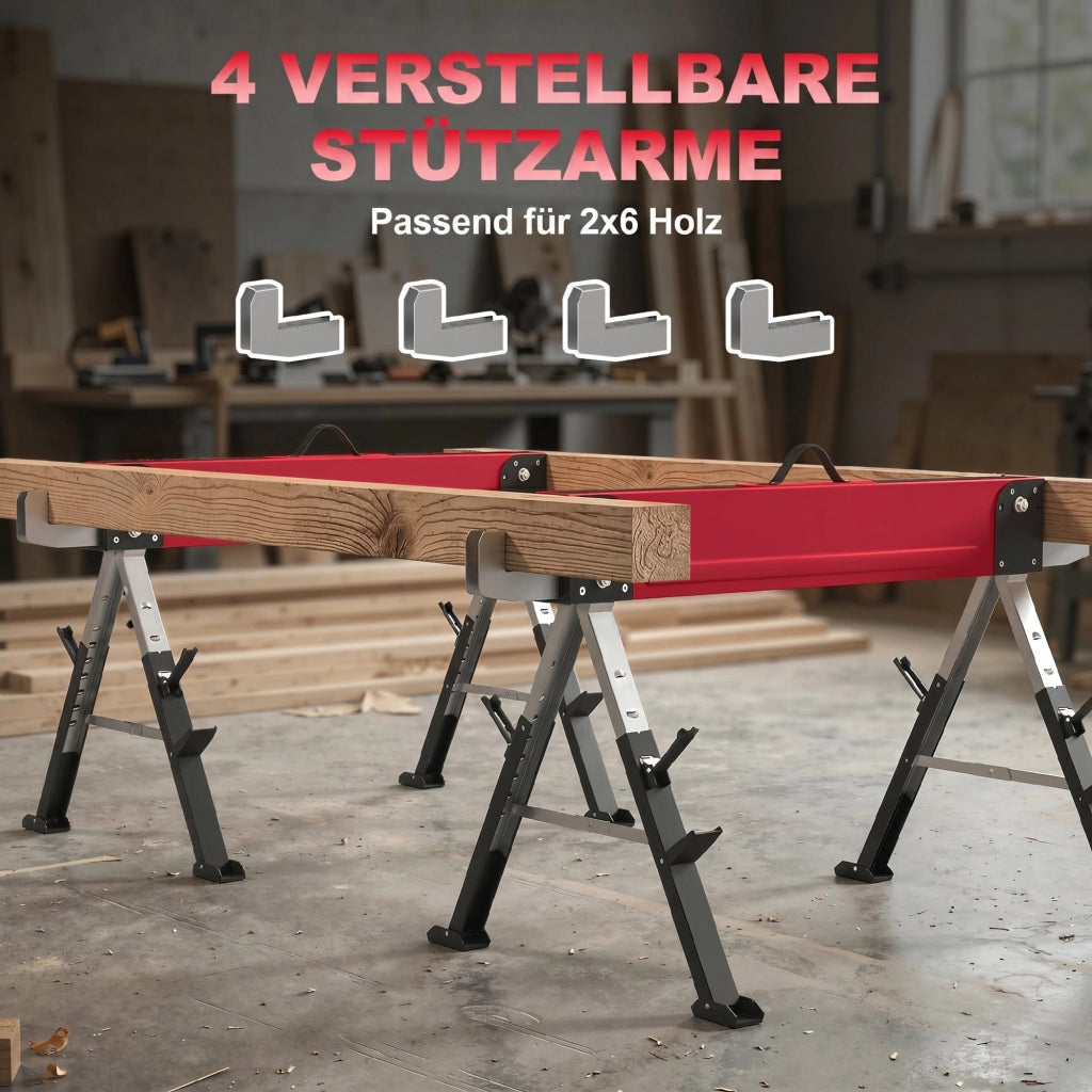 Cavalletto da Lavoro Pieghevole Set 2 Pezzi ¨C Xylo ¨C Capacit¨¤ 1160 kg Altezza Regolabile 64-81 cm Metallo Rosso