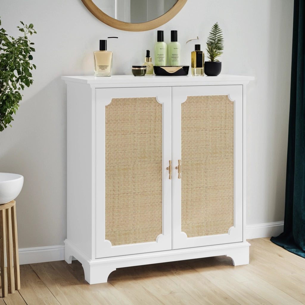 Credenza con 2 ante e ripiano regolabile; per soggiorno; in MDF e truciolare; 80×38×86 cm; bianca