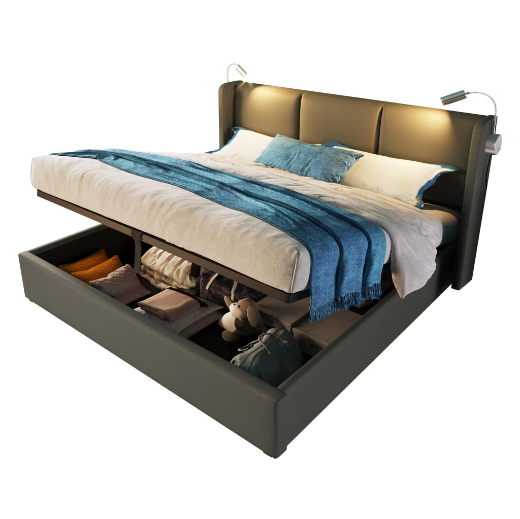 Letto matrimoniale imbottito 140x200 cm in PU grigio con testiera; luce da lettura; USB e contenitore