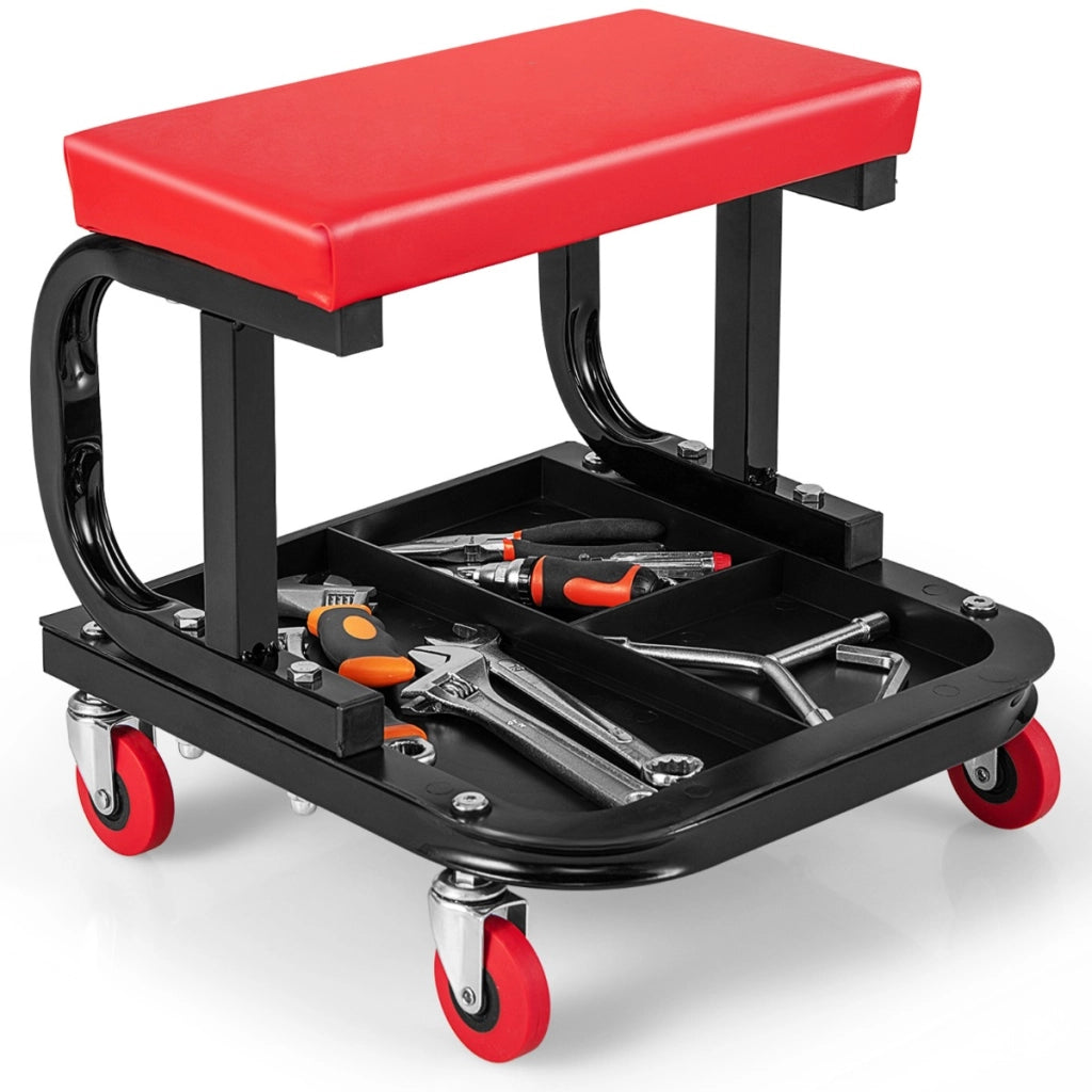 Sgabello da officina con ruote sedile imbottito e vassoio porta attrezzi, Sgabello da meccanic portata 150KG-Deposito utensili Tool