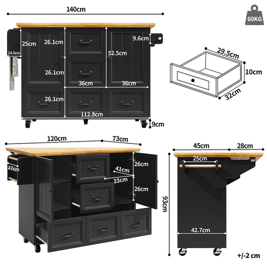 Isola cucina 5 cassetti - Xylo - 120x73x93cm bianco/nero ruote