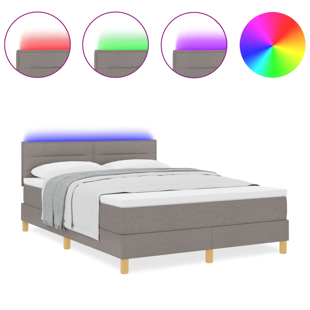 Letto Box Spring con Materasso & LED Tortora 140x190 cm Tessuto