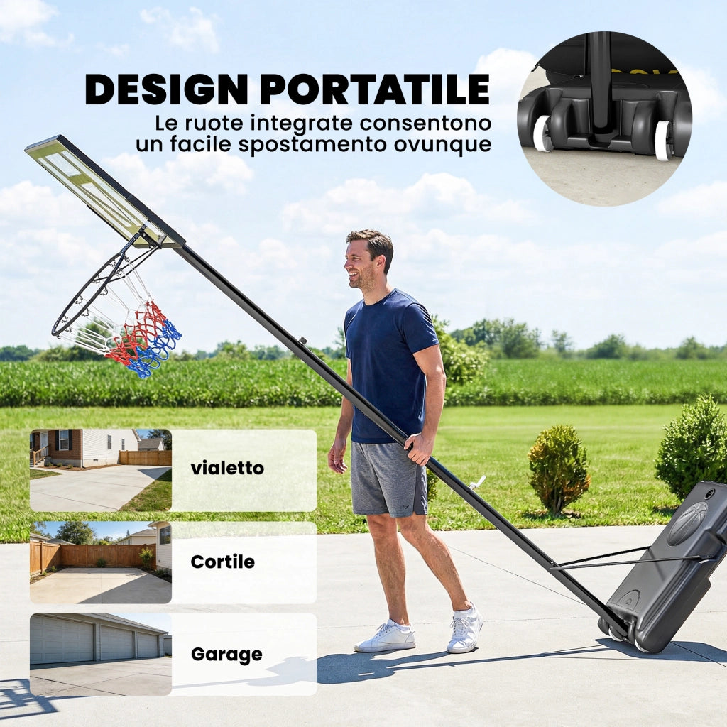 Canestro Basket con Altezza Regolabile 1,3-3 m, Base Riempibile e Ruote, Nero