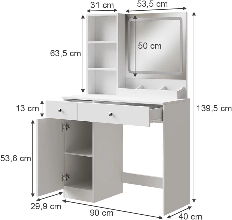 Tavolo da toilette Silvia, Bianco, 90 cm con specchio, per l'utilizzo come tavolo da trucco o da toeletta con illuminazione LED
