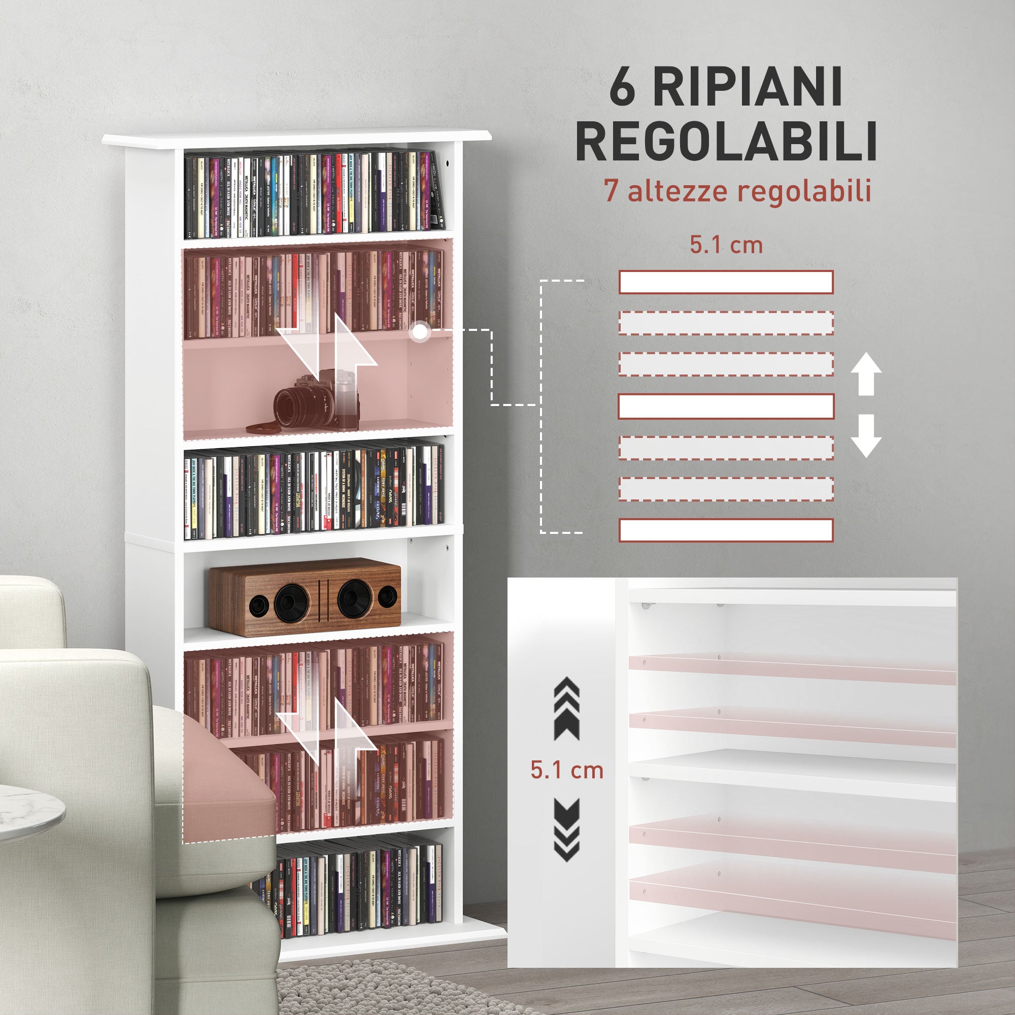Scaffale Porta CD 58x24x124,5 cm con 6 Ripiani Regolabili Capacità di 360 CD/185 DVD Bianco