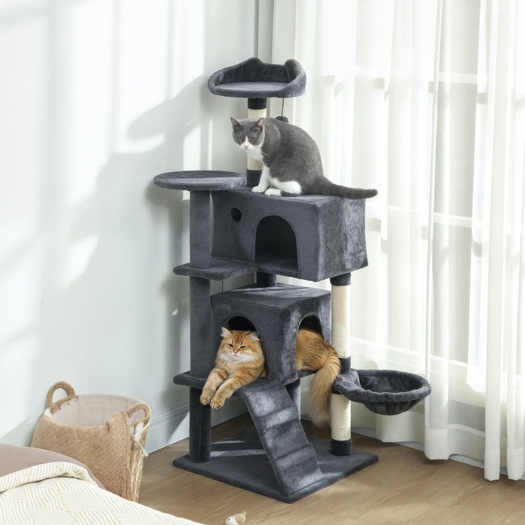 Albero per Gatti con 2 Casette, Lettino e Amaca ¨C Zephmum ¨C Grigio, Peluche, 140 cm