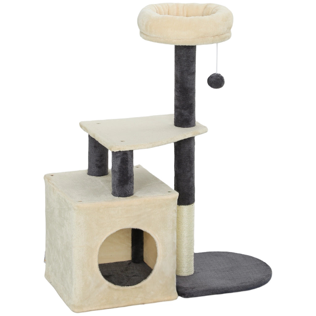 Albero Tiragraffi per Gatti Alto 92 cm con Casetta Lettino Pali in Sisal e Pallina Bianco Crema