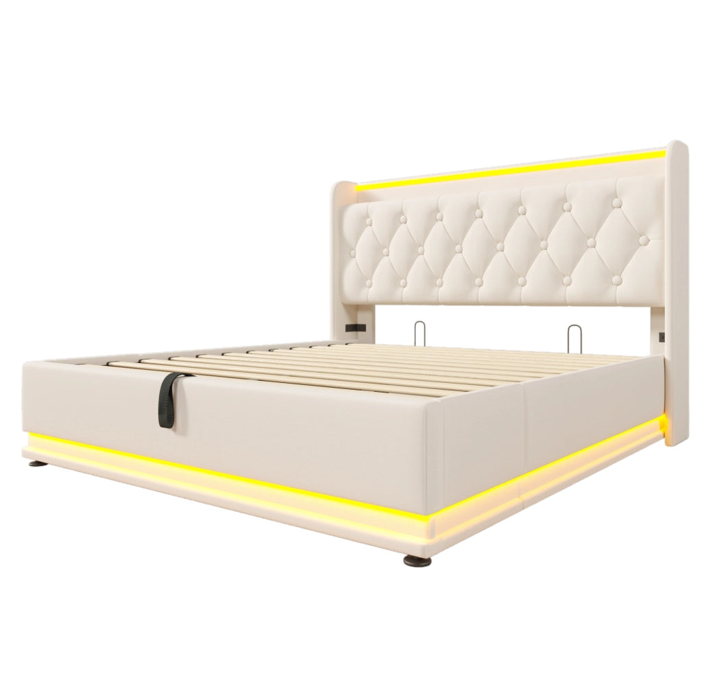 Letto matrimoniale 160x200 cm in PU bianco con LED; contenitore idraulico; USB e materasso
