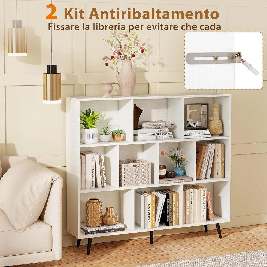 Libreria a 10 Cubi, Organizzatore di Stoccaggio Moderno con 5 Gambe di Metallo, Scaffale per Esposizione con 2 Kit Anti-Ribaltamento per Soggiorno Studio Camera da Letto, Bianco (120x24x107cm)