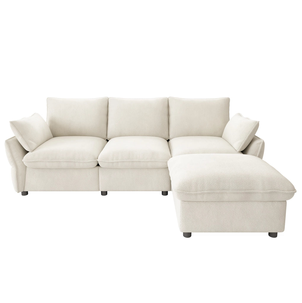 Divano angolare L in ciniglia beige con 2 cuscini