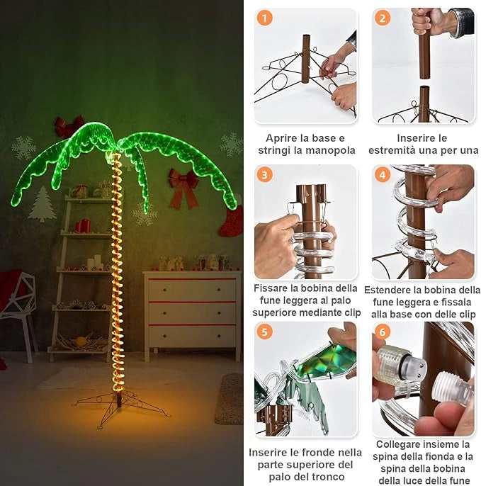 Palma Tropicale con Luci LED 136/168 cm, Illuminazione Esterna con Forma di Palma, con Base Pieghevole, Palma Realistica Decorativa per Feste e Esterno (168cm)