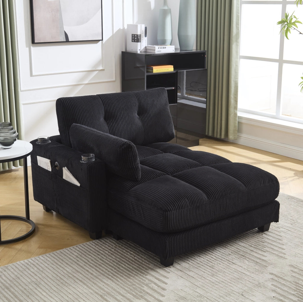 Poltrona in velluto con braccioli multifunzione, porta bevande e tasche laterali, nero