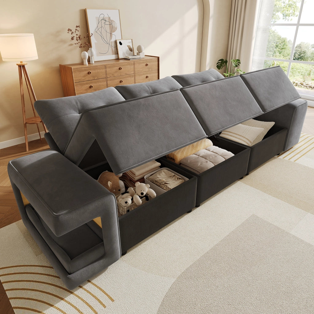 Divano modulare a 3 posti con braccioli larghi e vani portaoggetti, nicchie per animali in velluto grigio 229,5 × 78 × 84 cm