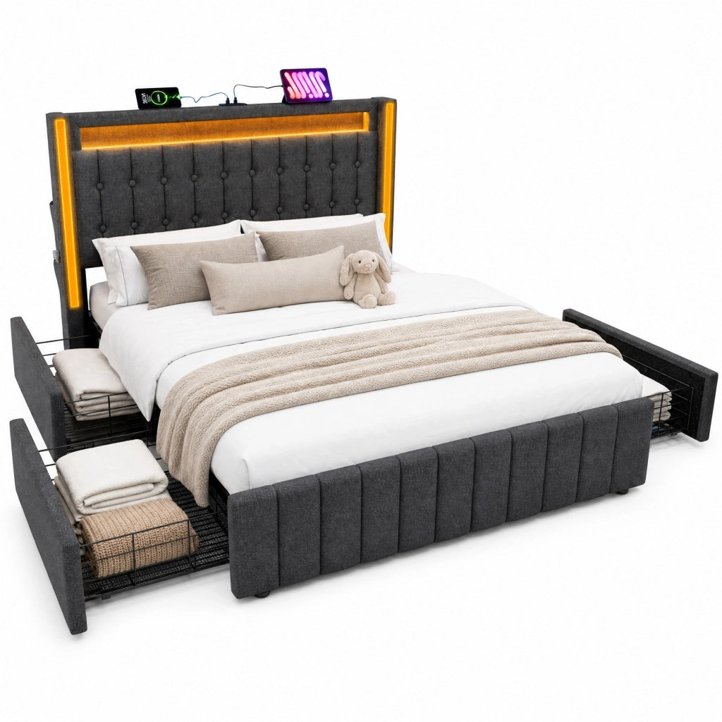 Letto matrimoniale imbottito 140x200 cm con LED, ricarica USB/Type-C e 4 cassetti, grigio