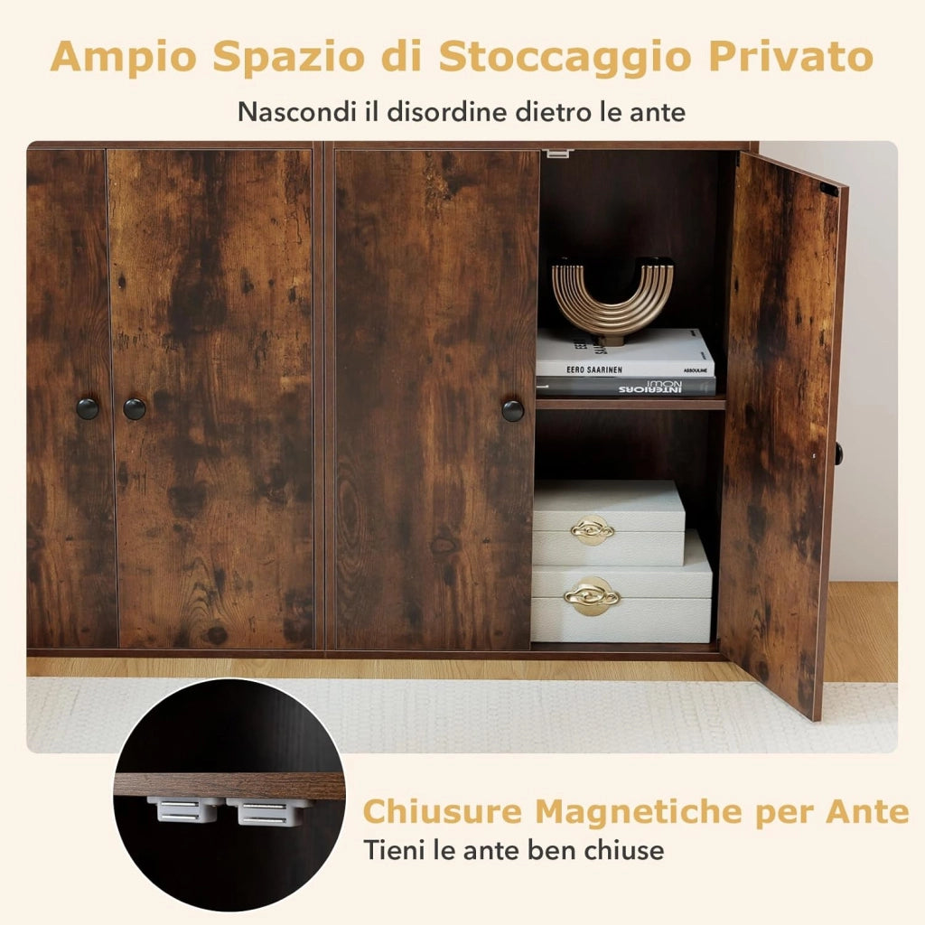 Libreria con 4 Ante, Armadio Alto a 4 Ripiani con Mensola Regolabile e 2 Kit Anti-Ribaltamento, Organizzatore per Casa Ufficio, 54 x 30 x 111 cm (Marrone)