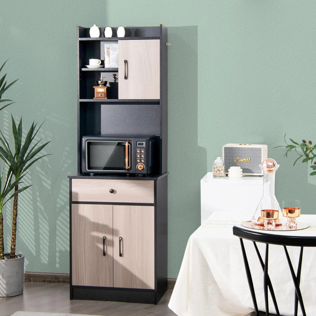 Armadio da Cucina Alto 180 cm, Credenza Alta da Cucina Multiuso, Mobile Buffet con Cassetto e Ripiani Regolabili, Mobiletto Cucina Salvaspazio Credenza, 60x40x180 cm, 2 Colori (Nero)