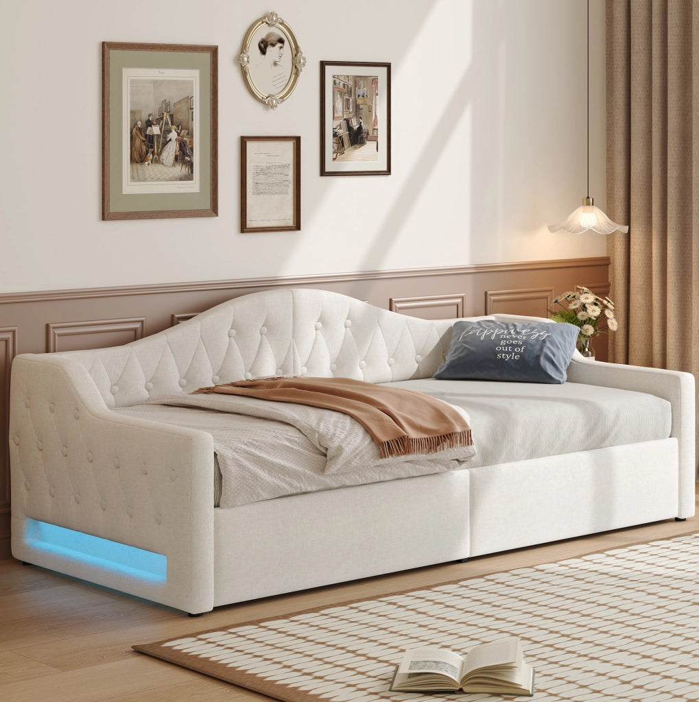 Divano letto 90x200 cm con contenitore e LED in lino beige