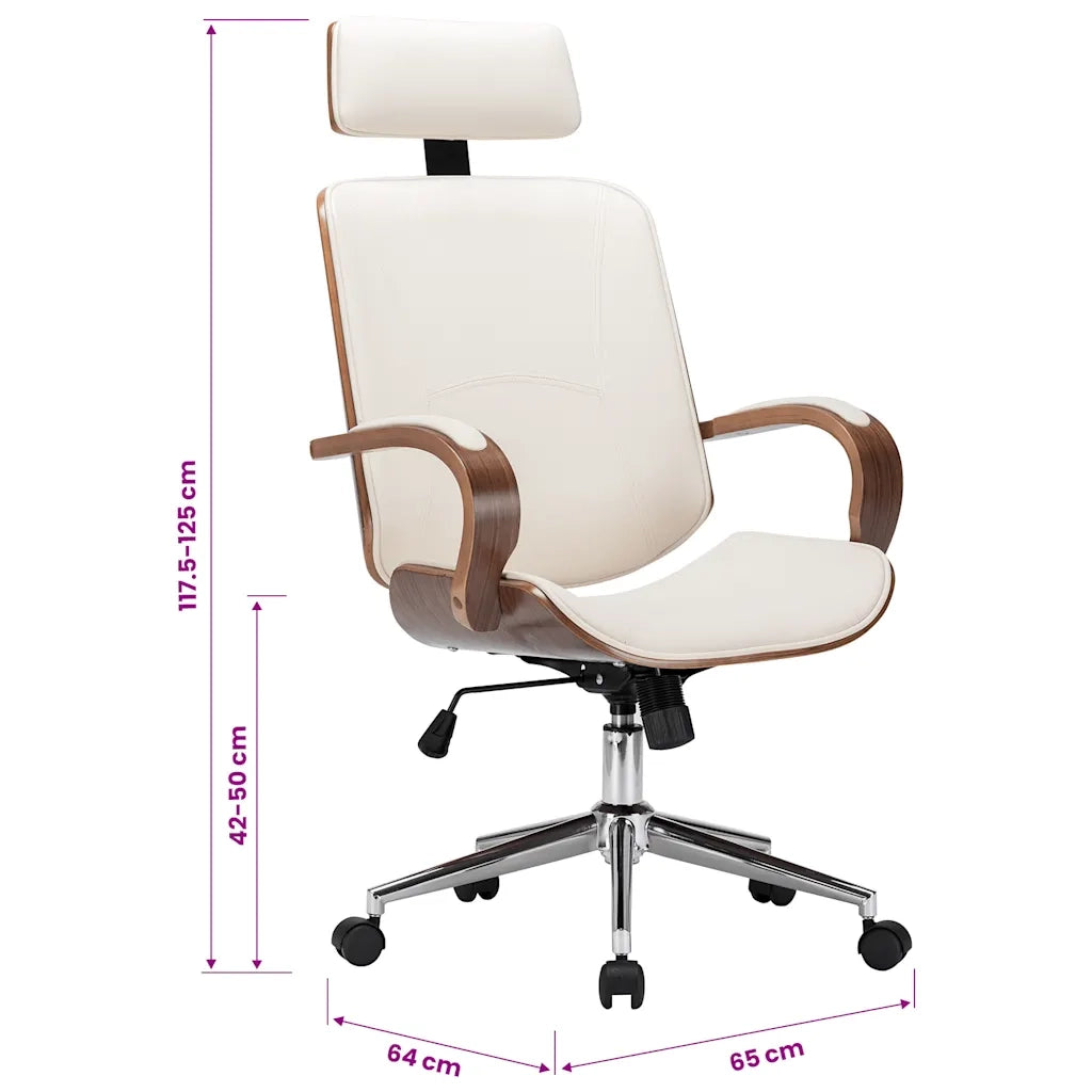 Sedia da Ufficio | Sedia Girevole con Poggiatesta Crema Similpelle e Legno Curvato