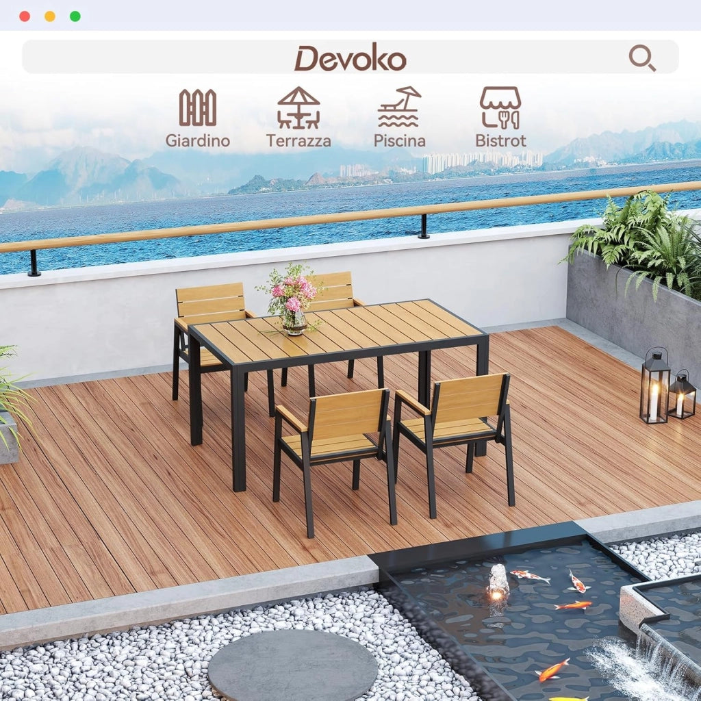HDPS Set Tavolo e Sedie da Giardino 5 Pezzi Resistente alle Intemperie, Completo di Tavolo 150 cm e 4 Sedie da Esterno in Alluminio, Finitura a Vena di Legno e Facile da Manutenzionare,Naturale