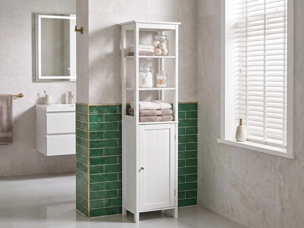 Colonna da Bagno a Terra in MDF 160 x 40 x 32 cm con 5 Ripiani e Cassetto  Design Moderno