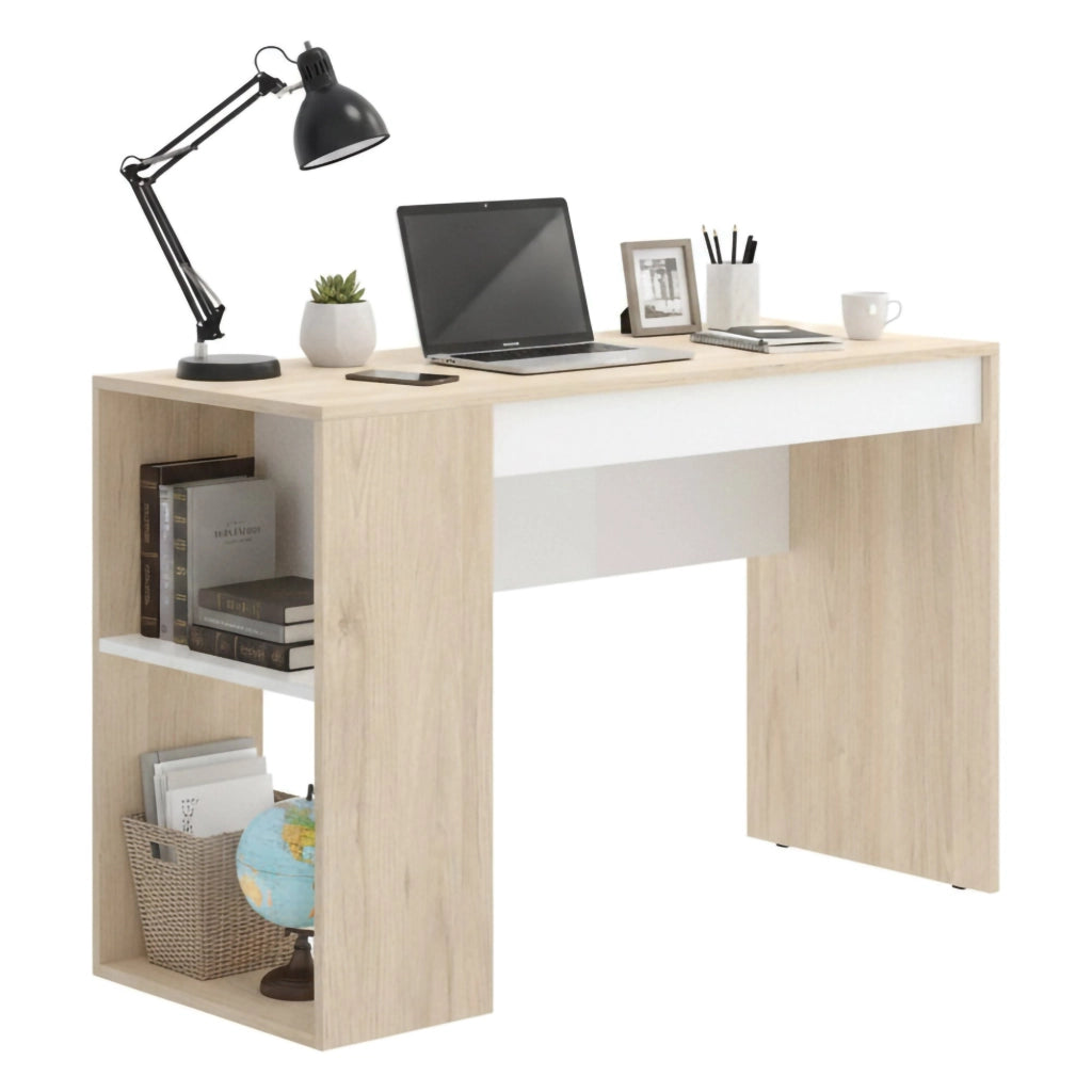 Scrivania Arianella, Scrittoio multiuso da ufficio o cameretta, Tavolo da studio lineare con scaffali, 115x50h74 cm, Rovere e Bianco