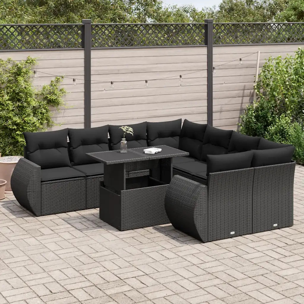 Set Divani da Giardino 9 pz con Cuscini Nero in Polyrattan 3326606