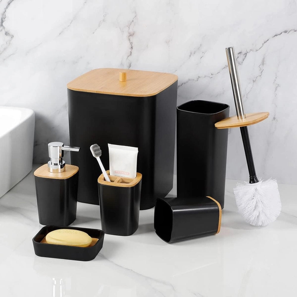 Trade Shop - Set Accessori Bagno In Bambù 6 Pz Moderno Bidone Spazzatura Portasapone Dispenser -