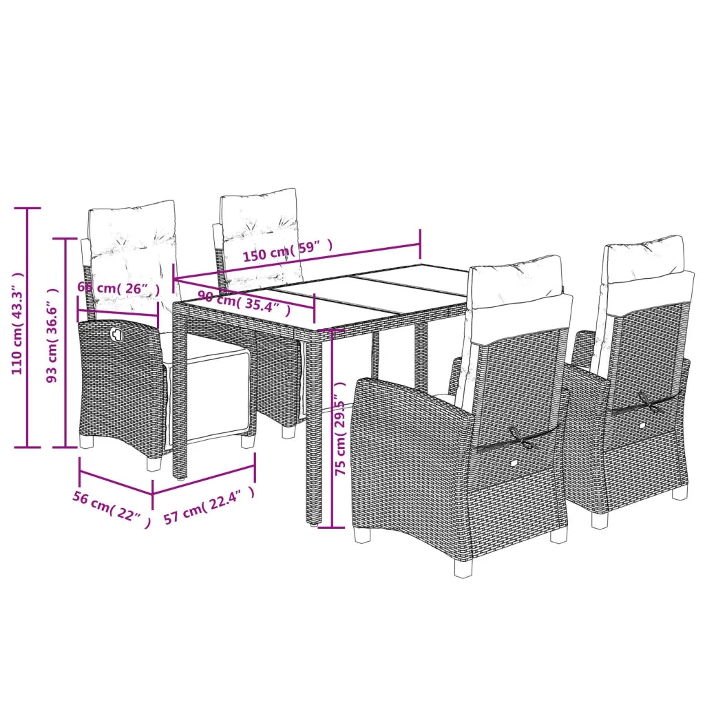 Set da Pranzo da Giardino 5 pz Nero con Cuscini in Polyrattan