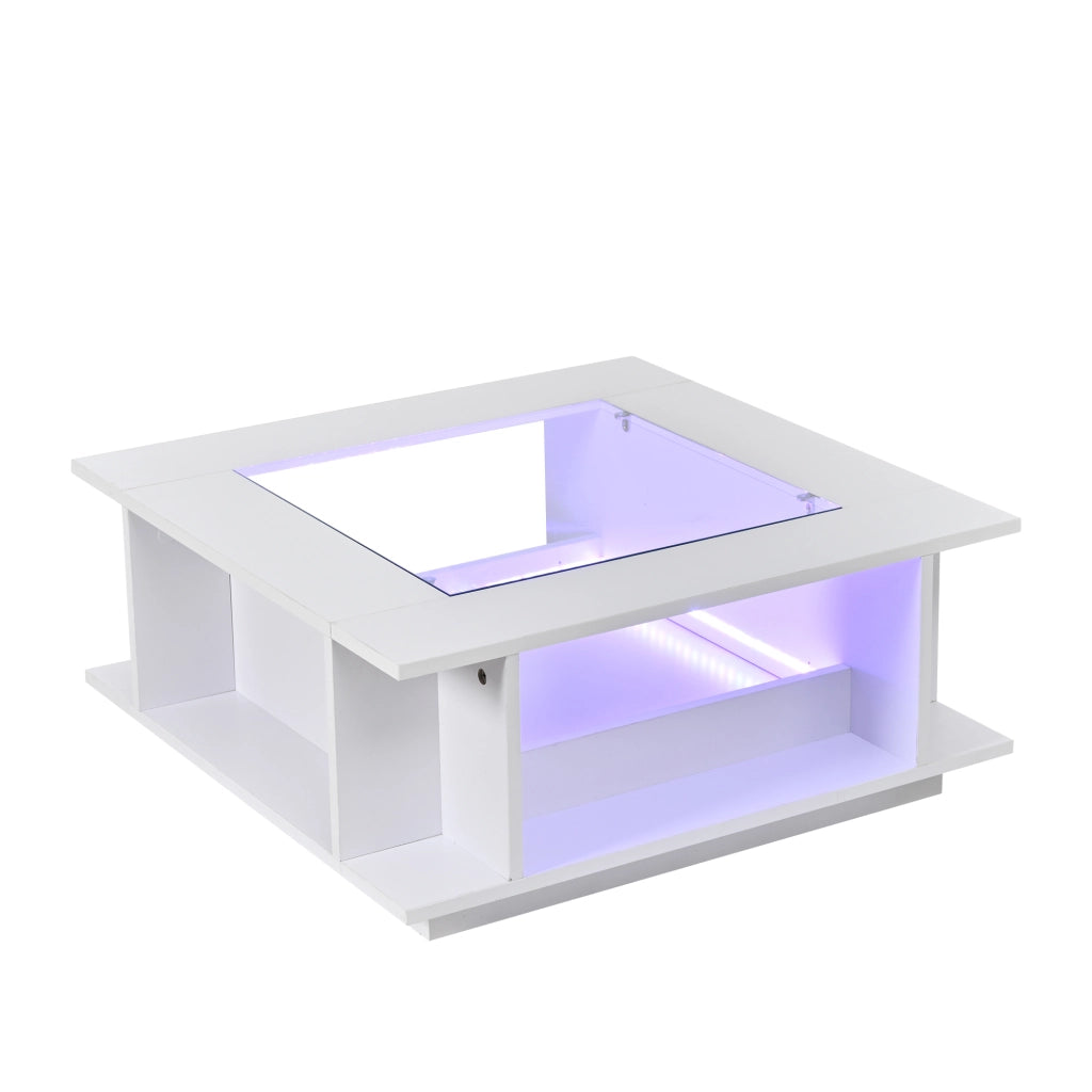 Tavolino da salotto quadrato 70¡Á70¡Á30 cm bianco con piano in vetro, finitura lucida, illuminazione LED e contenitore