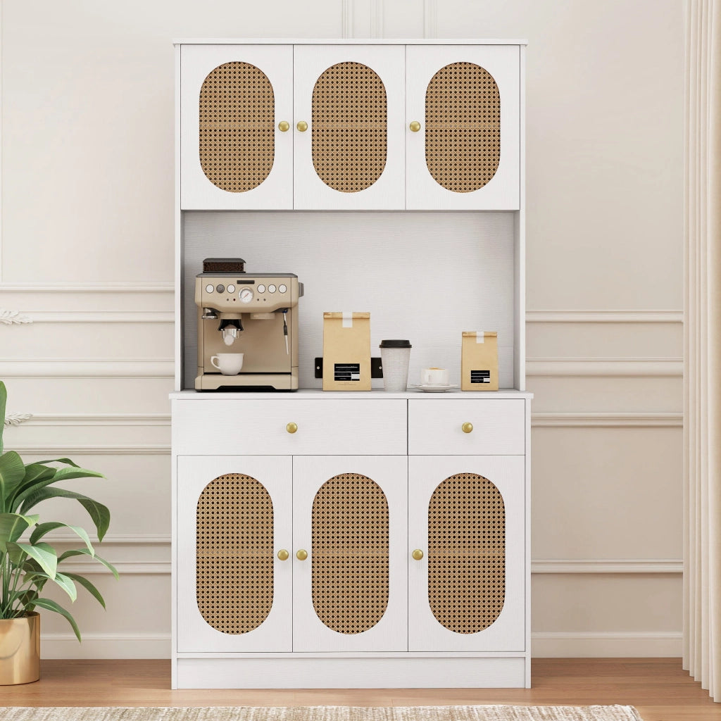 Credenza boho soggiorno 6 ante rattan 2 cassetti vetrina dispensa-Credenza metallo indipendente 180cm Bianco