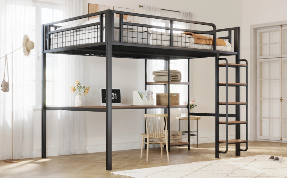 Letto a castello metallico nero con scala di sicurezza tavolo e scaffali 140x200 cm