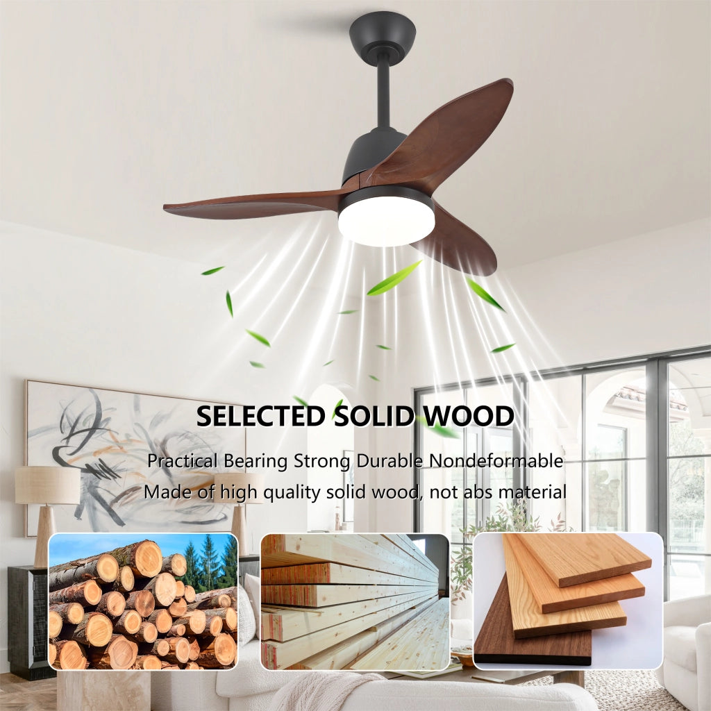 Ventilatore da soffitto nero con luce LED a 3 tonalità, pale in legno e motore DC reversibile per soggiorno