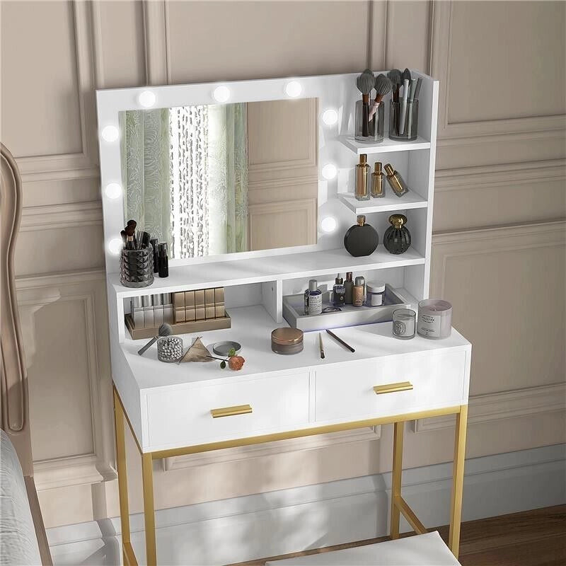 MOBILE TOELETTA CON SPECCHIO, 2 CASSETTI, 5 RIPIANI E SGABELLO, IN MDF E TRUCIOLATO, 80X40X138 CM, BIANCO