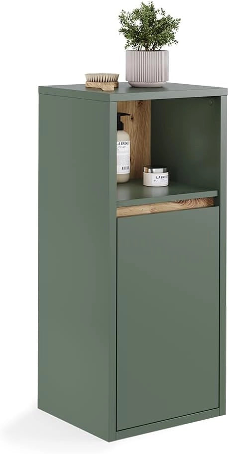 Mobiletto midi Viola, Verde/Artigianale, 33 x 80 cm con porta e ripiano aperto, per montaggio a parete con vani a giorno e vani chiusi