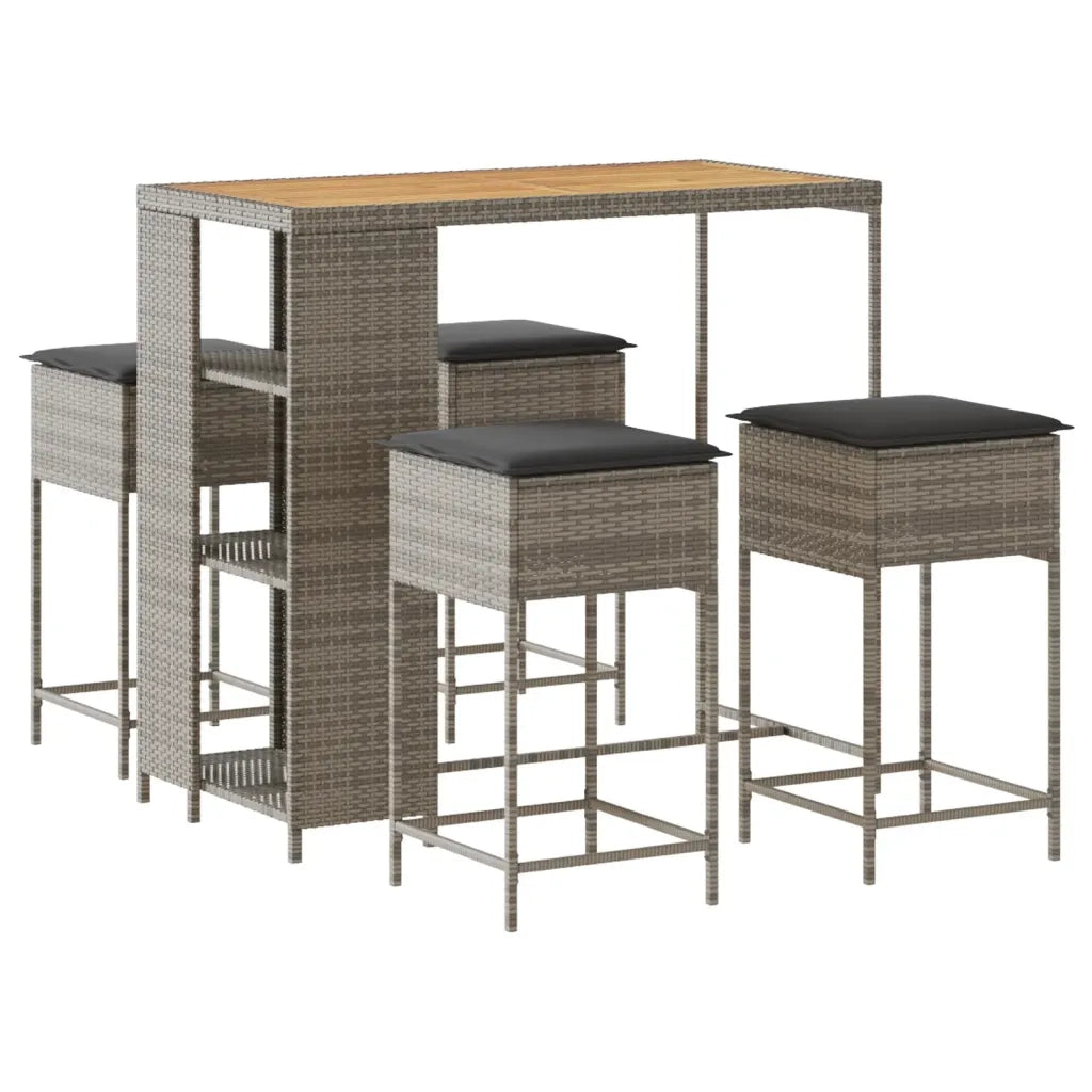 Set Bar da Giardino 5 pz | Set Salotto da Giardino con Cuscini in Polyrattan Grigio