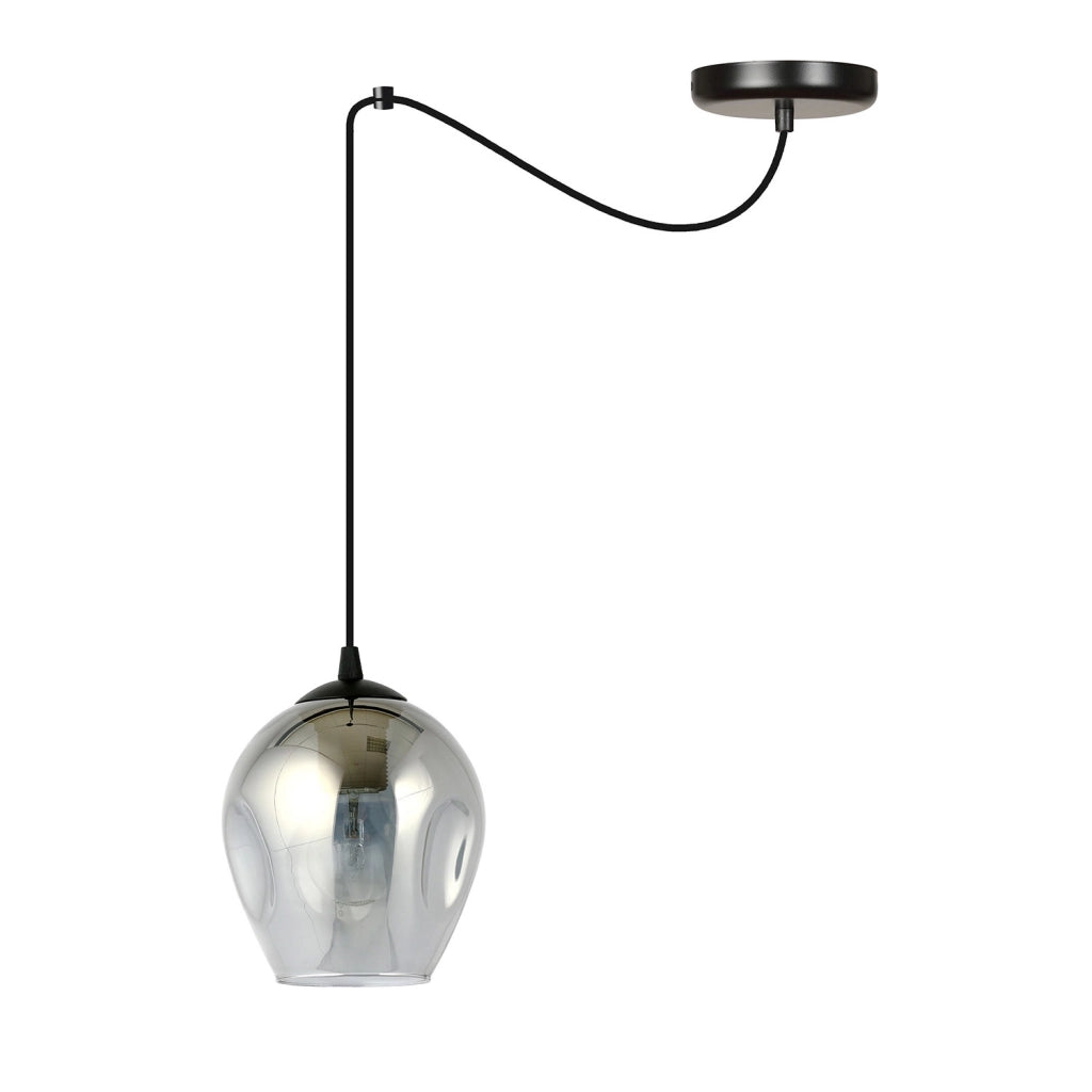 Sospensione 1 Luce Parsifal In Acciaio Nero E Vetro Fumè Con Cavi Lunghi