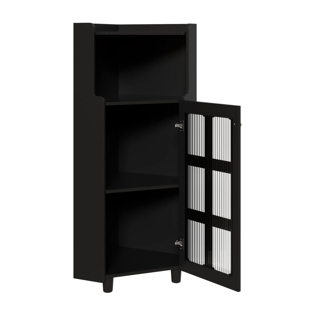 Mobile angolare con LED da app, vano aperto e vetrina a 2 livelli, per soggiorno e bagno, in MDF nero, 63.5 × 124 cm