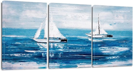 Decorazione per parete a 3 pezzi - Moderno - Blu Oceano/Vela - Stampa d'arte 30 x 40 cm - Cornice in legno massello - Immagine ispiratrice per la parete - Arte per la parete
