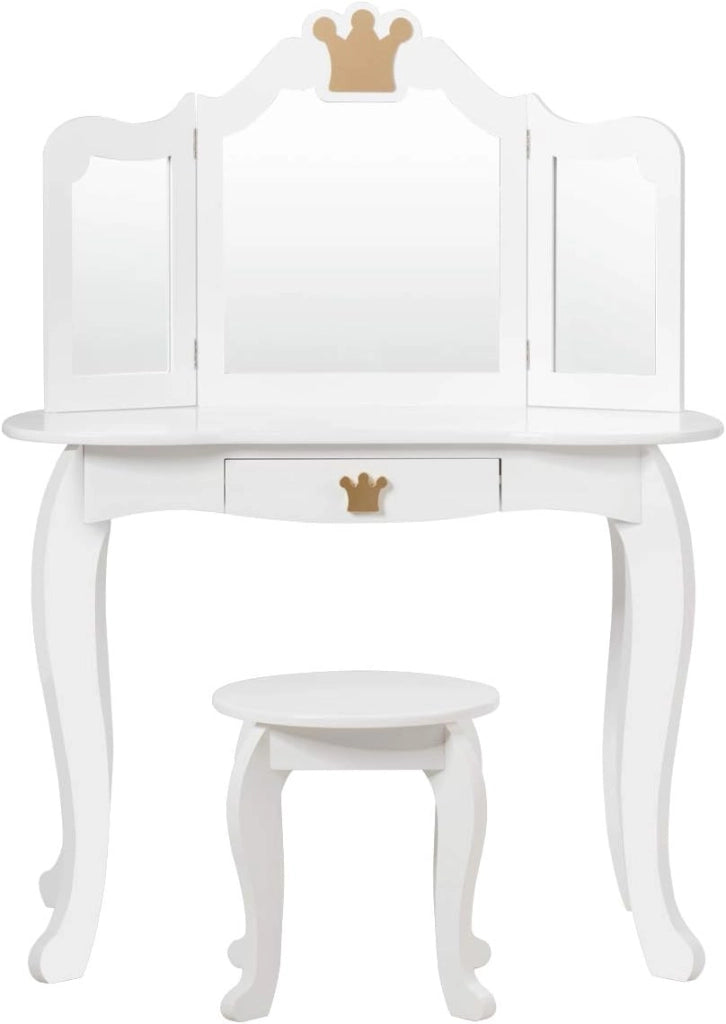 Toeletta da Trucco per Bambini, 2 in 1 Giocattolo da Trucco, Tavolo e Sgabello, con Cassetto, Specchio Rimovibile, Design Principessa, Consigliata per Ragazze 3-7 Anni, Rosa/Bianco