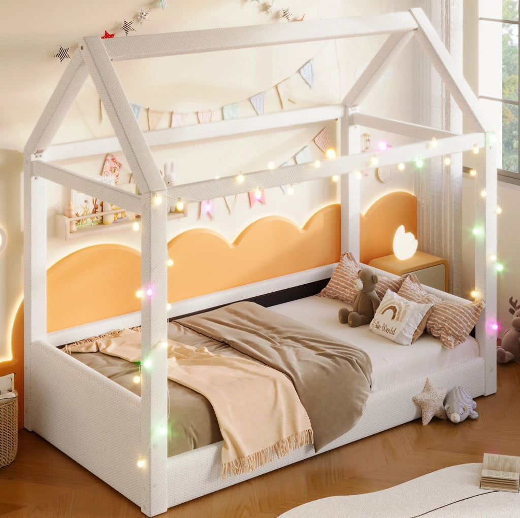 Letto casetta imbottito 90x200 cm con luci LED; beige