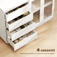 Credenza Buffet 120x40x91 cm con 4 Cassetti e Armadietto con Ante in Vetro in Legno Bianco