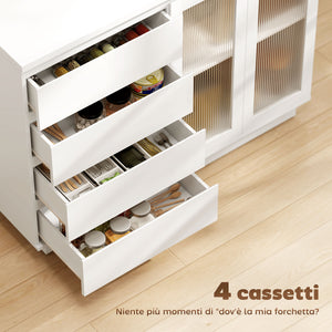 Credenza Buffet 120x40x91 cm con 4 Cassetti e Armadietto con Ante in Vetro in Legno Bianco
