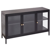 Credenza a 3 ante in acciaio nero con vetro temperato, ripiani regolabili, tappi per le gambe, mobili per il soggiorno dal design moderno.